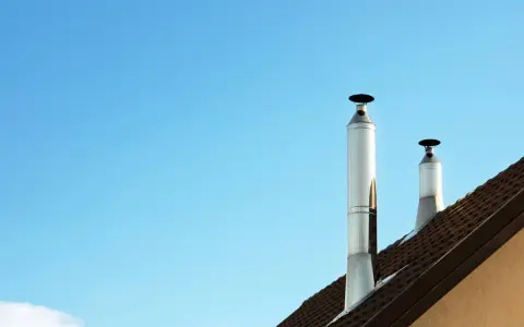 Dos tubos de chimenea metálicos se alzan sobre un tejado marrón contra un cielo azul claro. Listos para aprovechar el calor del tubo de la chimenea.