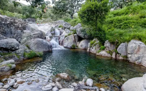 Unas idílicas piscinas naturales en Valladolid, con cascadas y rocas, rodeadas de vegetación exuberante.