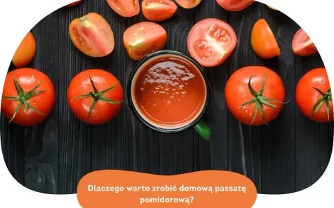 Świeże pomidory do słoików i kubek domowej passaty pomidorowej na czarnym tle.