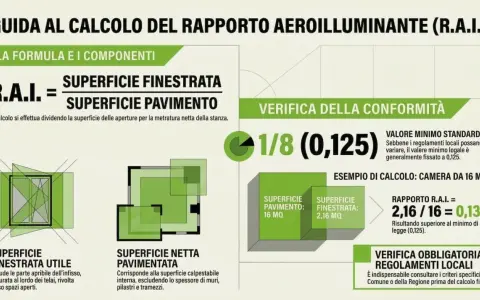 Guida al calcolo del rapporto aeroilluminante (R.A.I.). Spiega come calcolare il rapporto tra superficie finestrata e pavimento, con esempio pratico.