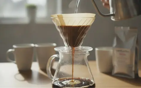 Heißes Wasser fließt langsam durch den Filter, um den perfekten pour over kaffee zuzubereiten. Dampf steigt auf, während der Kaffee in die Kanne tropft.