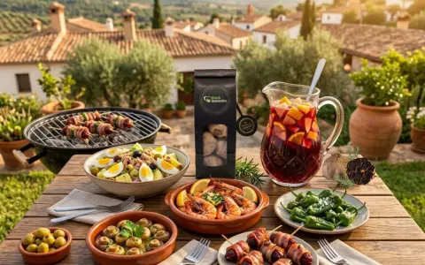 Tapas selber machen: Köstliche Garnelen, Pilze, Oliven, Spieße und Sangria auf einem Tisch im Freien mit Blick auf eine mediterrane Landschaft.