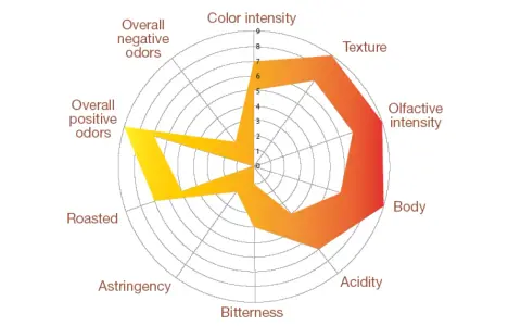 Radar-Diagramm zeigt verschiedene Espresso-Arten mit Bewertungen für Textur, Körper, Säure, Bitterkeit, Adstringenz, Röstung, Geruch und Intensität.