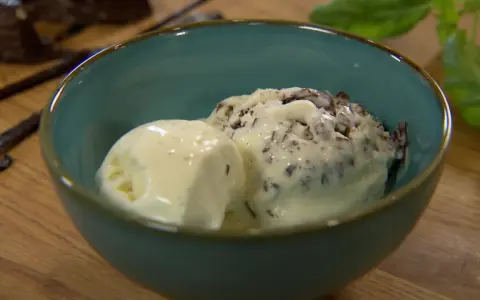 Zwei Kugeln Milcheis, eine schlicht und eine mit Schokostückchen, in einer blauen Schale. Perfekt zum milcheis selber machen mit eismaschine.