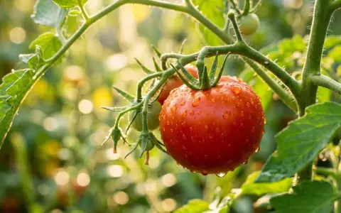 Reife Tomaten an einer Pflanze, bedeckt mit Tautropfen. Die Sonne scheint durch das Laub und beleuchtet die saftigen Früchte.