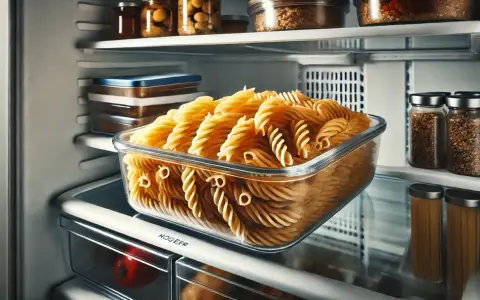Szklany pojemnik z ugotowanym makaronem fusilli w lodówce. To świetny sposób na to, jak przechowywać ugotowany makaron.