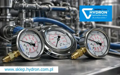 Trzy manometry hydrauliczne pokazują ciśnienie. Dowiedz się, manometr co to jest i jak działa, na stronie www.sklep.hydron.com.pl.