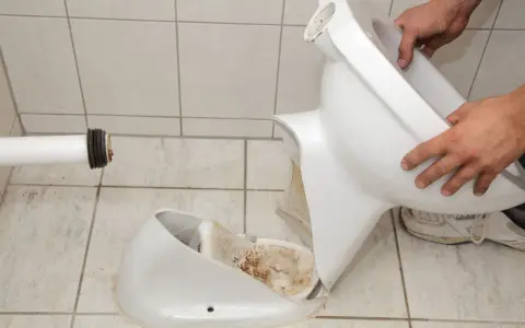Démontage d'une cuvette de toilettes cassée. Il est temps de changer les toilettes.