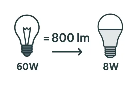 Une ampoule 60W équivaut à 800 lumens, comme une ampoule LED 8W.