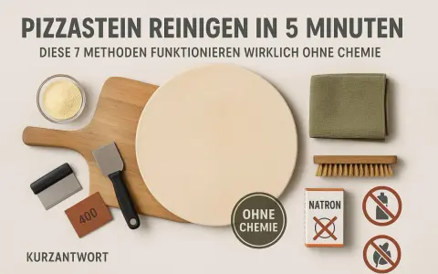 Pizzastein reinigen angebrannt? Hier sind Werkzeuge wie Bürste, Schaber, Schleifpapier und Natron für die chemiefreie Reinigung.