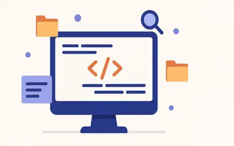 Monitor z kodem i ikonami folderów, lupa symbolizująca **cloud testing** i analizę.