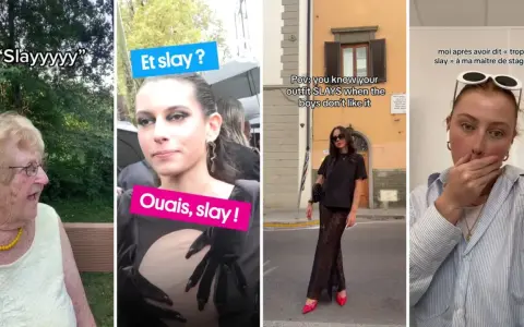 Quatre vignettes montrant des personnes réagissant au mot "slay". Une grand-mère dit "Slayyyyy", une jeune femme dit "Ouais, slay !", une autre dit que son style "slays" quand les garçons n'aiment pas, et une dernière se couvre la bouche après avoir di...