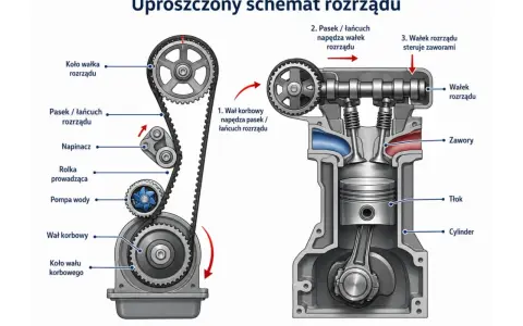 Schemat rozrządu silnika samochodowego: wał korbowy napędza pasek, który obraca wałek rozrządu sterujący zaworami. Widoczna pompa wody.