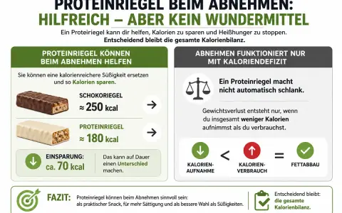 Ein Proteinriegel spart ca. 70 kcal im Vergleich zu Schokolade. Wichtig für Abnehmen ist das Kaloriendefizit, also wieviel Kaloriendefizit zum Abnehmen nötig ist.