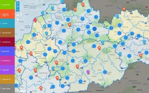 Mapa Słowacji z zaznaczonymi atrakcjami turystycznymi i kempingami.