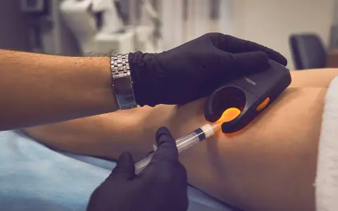 Lekarz w rękawiczkach używa urządzenia do wizualizacji żył i strzykawki. To pokazuje, na czym polega skleroterapia.