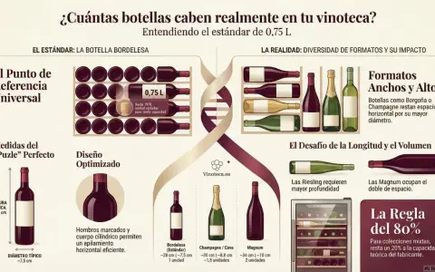 Infografía sobre el espacio en vinotecas, comparando botellas estándar de 0,75L con otros formatos de marcas de vinos.