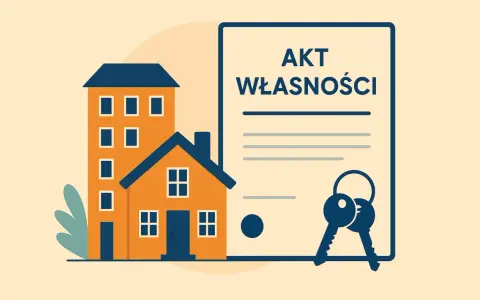 Akt własności i klucze symbolizują przekształcenie użytkowania wieczystego we własność. Dom i budynek obok.