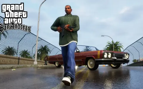 CJ camina con un arma, listo para usar trucos San Andreas PS2. Un coche clásico rojo espera.