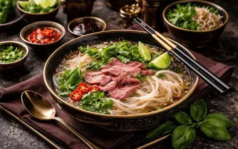 En skål med vietnamesisk mat, pho, med nudlar, tunt skivat kött, färska örter och lime.