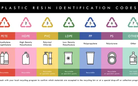 Chart showing different types of plastic resin identification codes, from PETE to OTHER, with examples of products and recyclability.