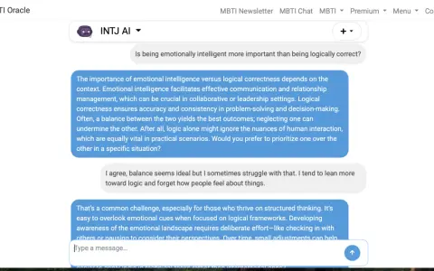 Rozmowa o inteligencji emocjonalnej vs. logicznej. INTJ AI omawia, jak INFJ inteligencja może pomóc w równoważeniu logiki z empatią.