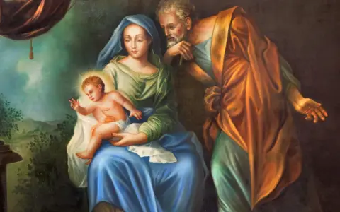 Święta Rodzina w chwili narodzin Jezusa. Maryja trzyma Dzieciątko, Józef czuwa.