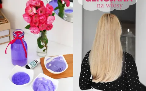 Fioletowe kosmetyki i bukiet róż. Na drugim planie blond włosy, które zyskają blask dzięki gencjanie na włosy.