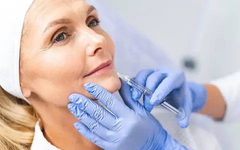 Mujer recibe tratamiento facial con exosomas. Manos enguantadas aplican inyección para rejuvenecer la piel.