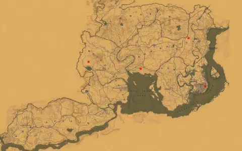 Mapa de Red Dead Redemption 2 con puntos rojos indicando ubicaciones de tramperos.