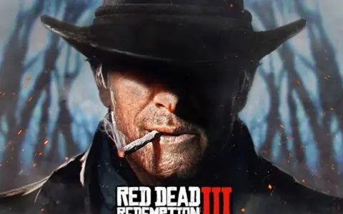 Mężczyzna w kapeluszu pali papierosa, w tle logo Red Dead Redemption III.