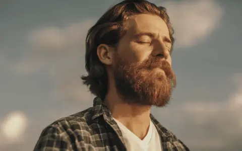 Homme à la barbe rousse, yeux fermés, profitant du soleil. Une image qui évoque le bien-être et la vitalité, peut-être liée à un test libido homme.