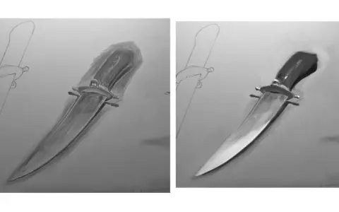 Dos dibujos de un cuchillo, uno en proceso y otro realista con brillo.