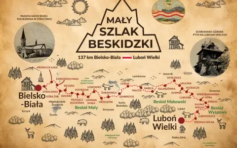 Mapa Mały Szlak Beskidzki, 137 km z Bielska-Białej do Lubonia Wielkiego, z zaznaczonymi atrakcjami i miejscowościami.