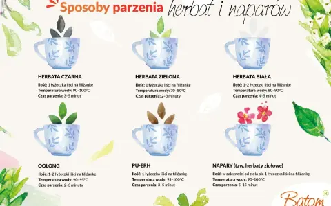 Ilustracja pokazuje sposoby parzenia różnych herbat, w tym zielonej herbaty, która zawiera kofeinę. Podano ilości liści, temperaturę wody i czas parzenia.