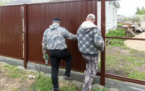 Dwóch mężczyzn montuje brązowy płot. Jeden z nich trzyma wiertarkę. Czy można postawić płot przy płocie?