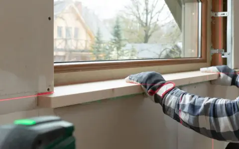 Montaż nowego parapetu wewnętrznego w bloku. Czerwona linia lasera pomaga w precyzyjnym ułożeniu drewnianego elementu.