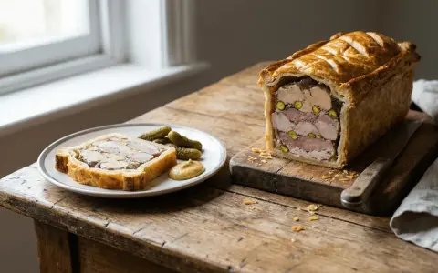 Pâté en croûte aux pistaches, une recette savoureuse. Une tranche est servie avec des cornichons et de la moutarde.