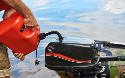 Un homme verse de l'essence dans un moteur hors-bord. Il se demande quel essence pour moteur 2 temps utiliser pour sa sortie en bateau.