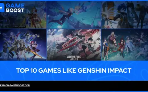 Kolaż z grafikami z gier, w tym Honkai: Star Rail i Wuthering Waves, prezentujący gry podobne do Genshin Impact.