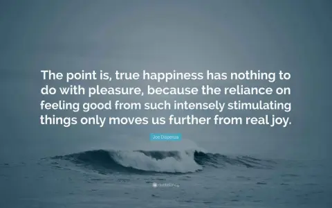 A quote by Joe Dispenza on a stormy ocean background, discussing true happiness and its sources beyond fleeting pleasure.