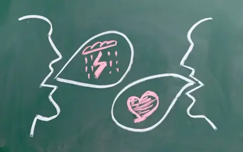 Chalk drawings of two profiles facing each other. One speaks of storms, the other of love, illustrating how do we love our enemies.