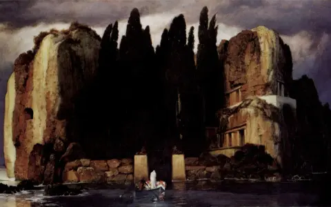 Le tableau "L'Île des morts" dépeint une île rocheuse sombre, bordée de cyprès, avec une barque transportant une figure solitaire vers un rivage mystérieux.