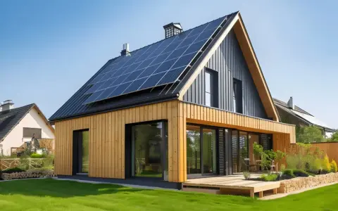 Une maison bioclimatique moderne avec panneaux solaires sur le toit, bardage bois et grandes baies vitrées, profitant du soleil.