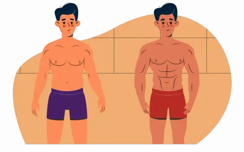 Mann vor und nach dem Abnehmen ohne Muskelabbau. Deutlich sichtbare Transformation von einem etwas fülligeren Körper zu einem definierten Sixpack.