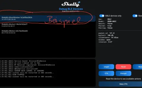 Shelly BLE Debug-Ansicht mit Geräten wie Shelly BLUDoorWindow. Ein Beispiel für die Verbindung eines Shelly Bridge-Geräts.