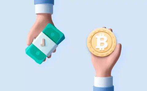 Dwie dłonie: jedna trzyma stos banknotów, druga monetę bitcoin. Dowiedz się, jak sprzedać bitcoin bez podatku.