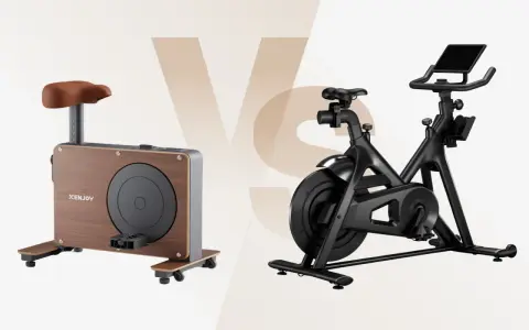 Comparing two stationary bikes: one with a wood finish and minimalist design, the other a sleek black model with a screen. Weighing the pros and cons of stationary bike workouts.