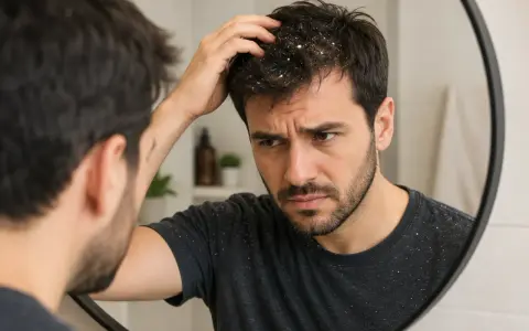 Mężczyzna zmartwiony łupieżem na ciemnych włosach, który osypuje się na jego koszulkę. Nawet jego **baby hair** wydają się być dotknięte problemem.
