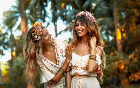 Dos amigas sonríen, adornadas con coronas de flores. Su vínculo es tan fuerte como una **piedra de la amistad**.